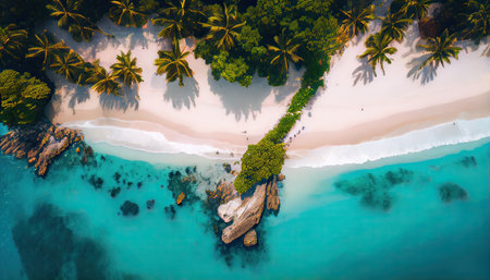Aerial view of beautiful tropical beach with coconut palm tree and blue lagoonの素材