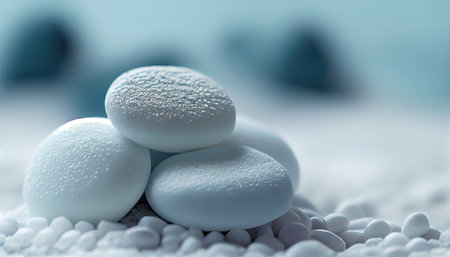 Spa still life with white stones and water drops on blue backgroundの素材
