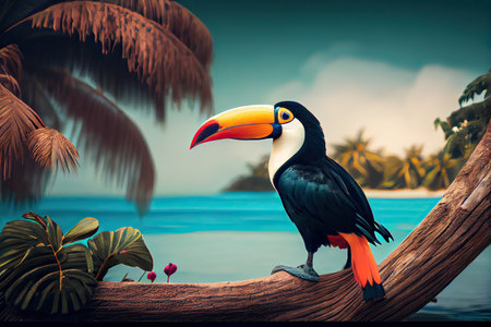 Toucan bird on a tropical beach. Toned image.の素材