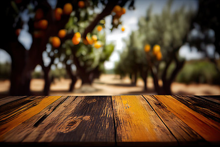 Wooden table in an orchard. Selective focus. Toned.の素材