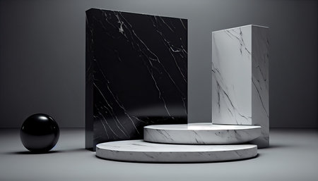 3d render of black and white marble pedestal in gray roomの素材