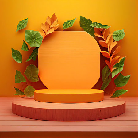 3d podium with tropical leaves on orange background. 3d renderの素材