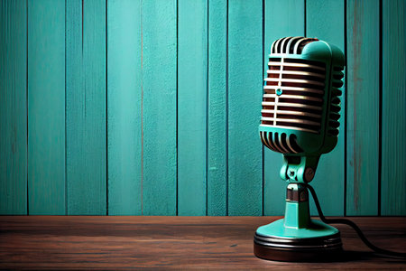 Retro microphone on a wooden table against the background of a turquoise wallの素材