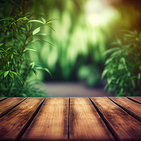 Wooden table in front of bamboo garden. Blurred background.の素材