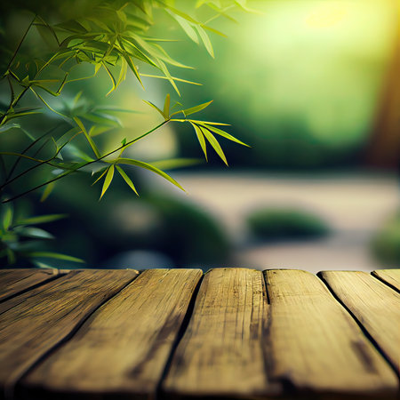 Wooden table with bamboo leaves and bokeh light background.の素材