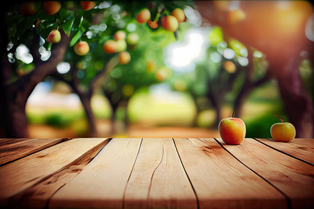 Wooden table with apples in apple orchard. Blurred backgroundの素材