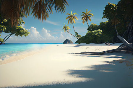 Tropical island with palm trees and sandy beach. 3d renderの素材