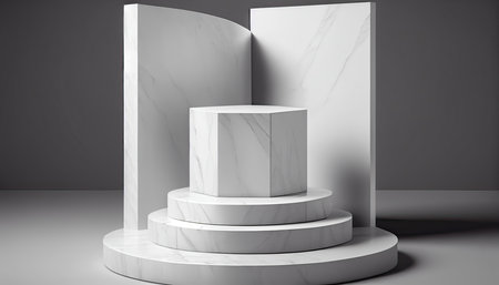 White marble podium for product presentation. 3d render. Mock up.の素材