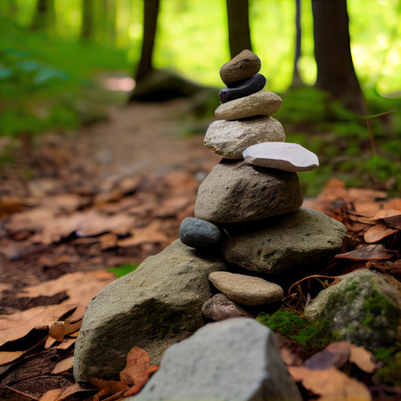 Stack of zen stones on the ground in the green forest.の素材