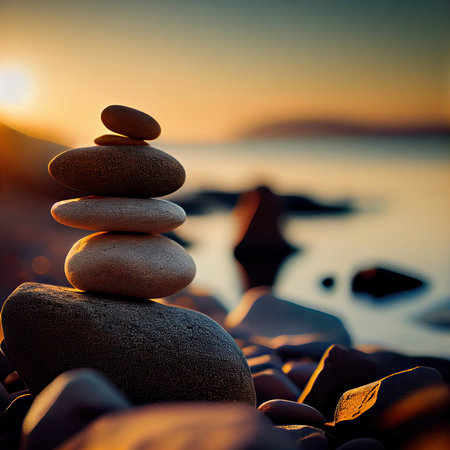 zen stones on the beach at sunset - concept of harmony and balanceの素材