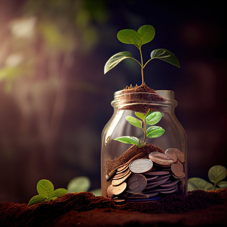 plant growing out of coins in a glass jar with filter effect retro vintage styleの素材