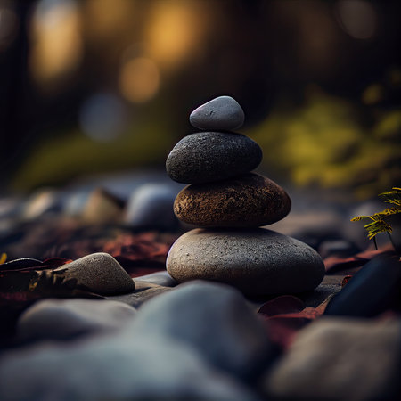 zen stones on the ground in the forest, zen concept, shallow depth of fieldの素材