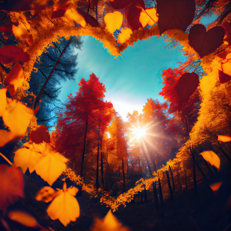 Heart shaped frame made of autumn leaves with sun in the background.の素材