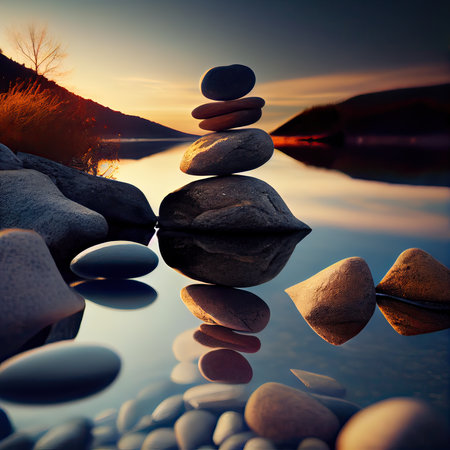 Pile of pebbles on the shore of a lake at sunsetの素材