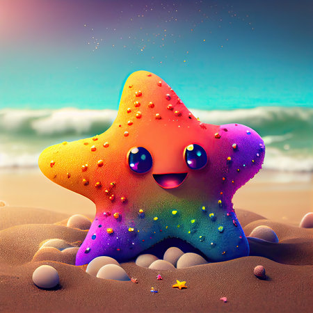Colorful starfish on the beach at sunset. 3d renderingの素材