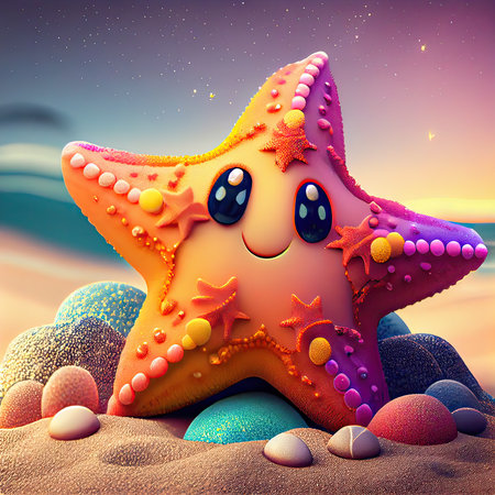 Starfish on the beach at sunset. 3d render illustration.の素材