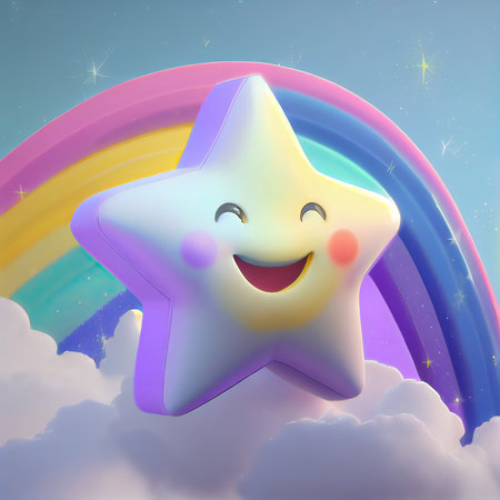 Kawaii star in the clouds with rainbow background. 3d renderingの素材