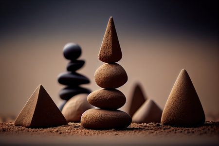 Pyramid of stones on sand. Conceptual image of balance and harmonyの素材