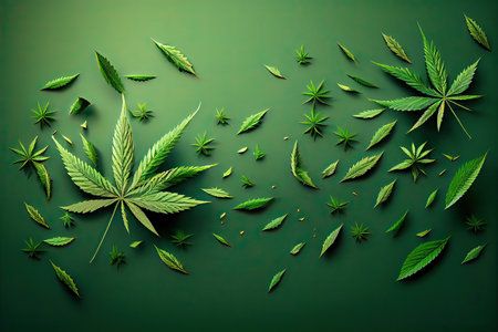 Cannabis leaves on green background. Realistic vector illustration.の素材