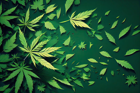 Cannabis leafs on green background. Top view. Vector illustrationの素材