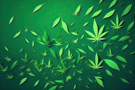 Cannabis leaves on green background, top view, flat layの素材