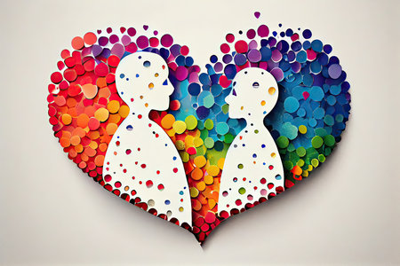 Colorful heart with a couple made of confetti on white backgroundの素材