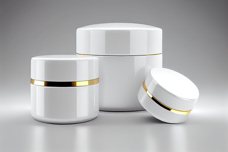 3d illustration of white cosmetic containers with golden lid on grey backgroundの素材
