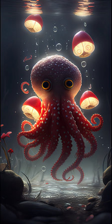 Octopus in the sea. 3D illustration. 3D rendering.の素材