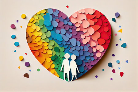 Paper cut of a gay couple in a heart shape with colorful heartsの素材