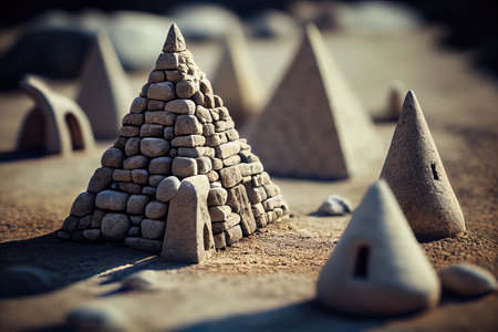 Miniature houses made of stones on the beach in the evening.の素材