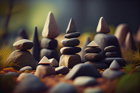 Pile of zen stones in the forest. 3d illustrationの素材