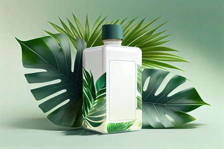Cosmetic bottle with tropical leaves on green background. 3d illustrationの素材