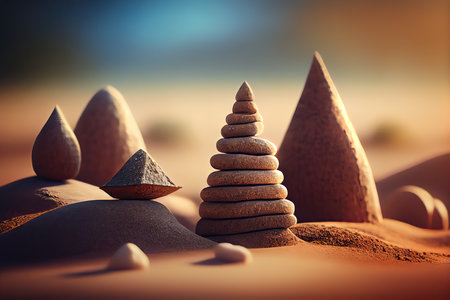 Pyramid of stones in the desert. 3d render illustration.の素材