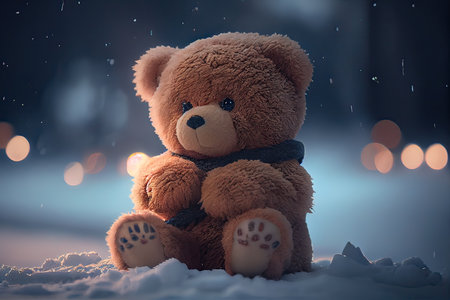 Teddy bear sitting in the snow with bokeh background.の素材