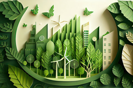 Ecology concept with green city and wind turbines. Paper art style. Vector illustration.の素材