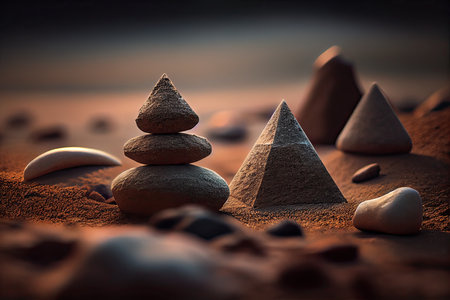 Pyramid of stones on the sand. 3d illustration. Selective focusの素材