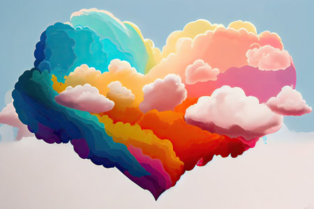 Colorful rainbow heart with clouds in the sky. Vector illustration.の素材