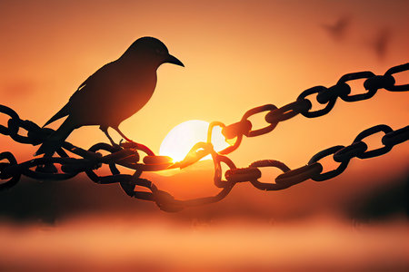 Silhouette of bird on chain with sunset background, vintage styleの素材
