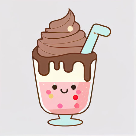Cute ice cream in a glass with a straw. Vector illustration.の素材
