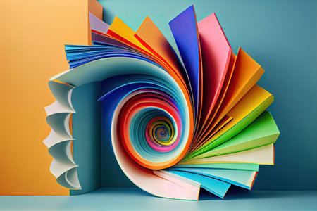 Colorful origami book on blue background. 3d render illustrationの素材