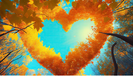 Autumn leaves in the form of heart on a blue sky backgroundの素材