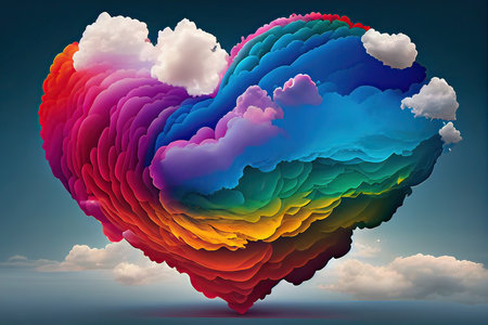 Rainbow heart with clouds on blue sky background. Vector illustration.の素材
