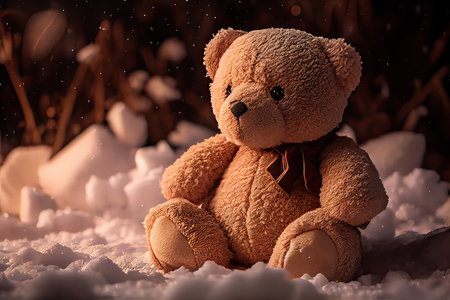 Teddy bear in the snow. Christmas background. Toned.の素材
