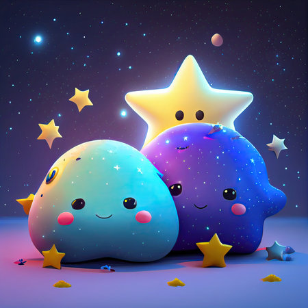 Illustration of cute cartoon characters with stars and moon in space backgroundの素材