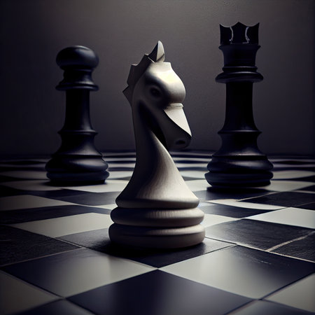 Chess pieces on a chessboard, black and white, 3d renderの素材