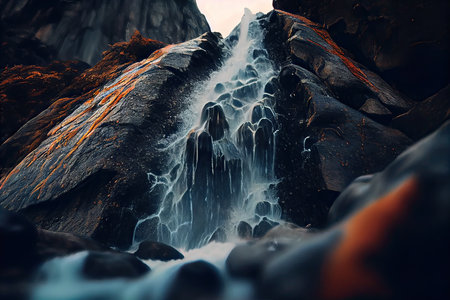 Fantastic waterfall in the mountains. Dramatic scene. 3d renderの素材
