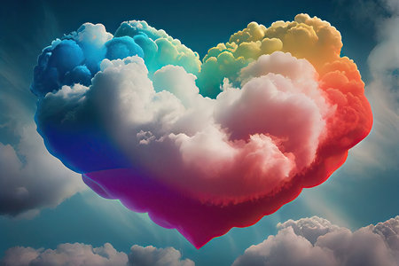 Colorful heart in the sky with clouds. 3D illustration.の素材