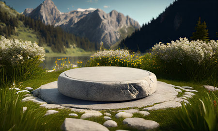 Round stone platform on the background of mountains and flowers. 3d renderの素材