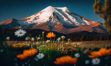 Beautiful mountain landscape with flowers and snow-capped peak.の素材