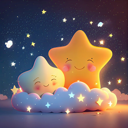 Cute kawaii stars and clouds in the night sky.の素材